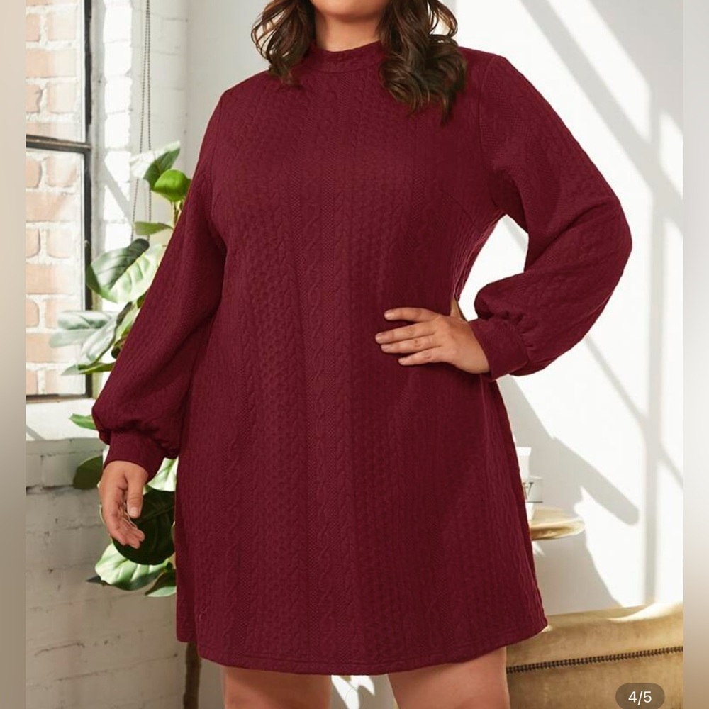 SHEIN Red Mock Neck Bishop Sleeve Sweater Dress